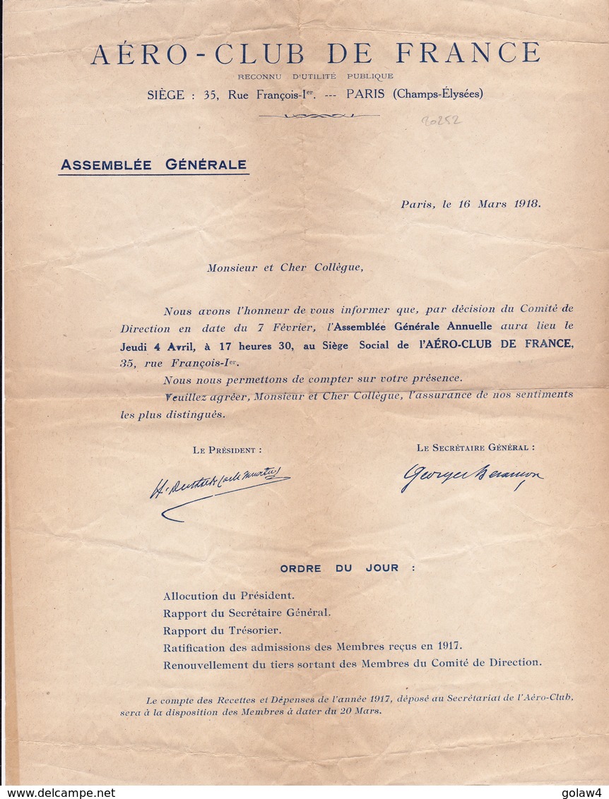 20252# AERO CLUB DE FRANCE ASSEMBLEE GENERALE MARS 1918 SIGNATURE IMPRIMEE HENRY DEUTSCH DE LA MEURTHE G. BESANCON - Historical Documents