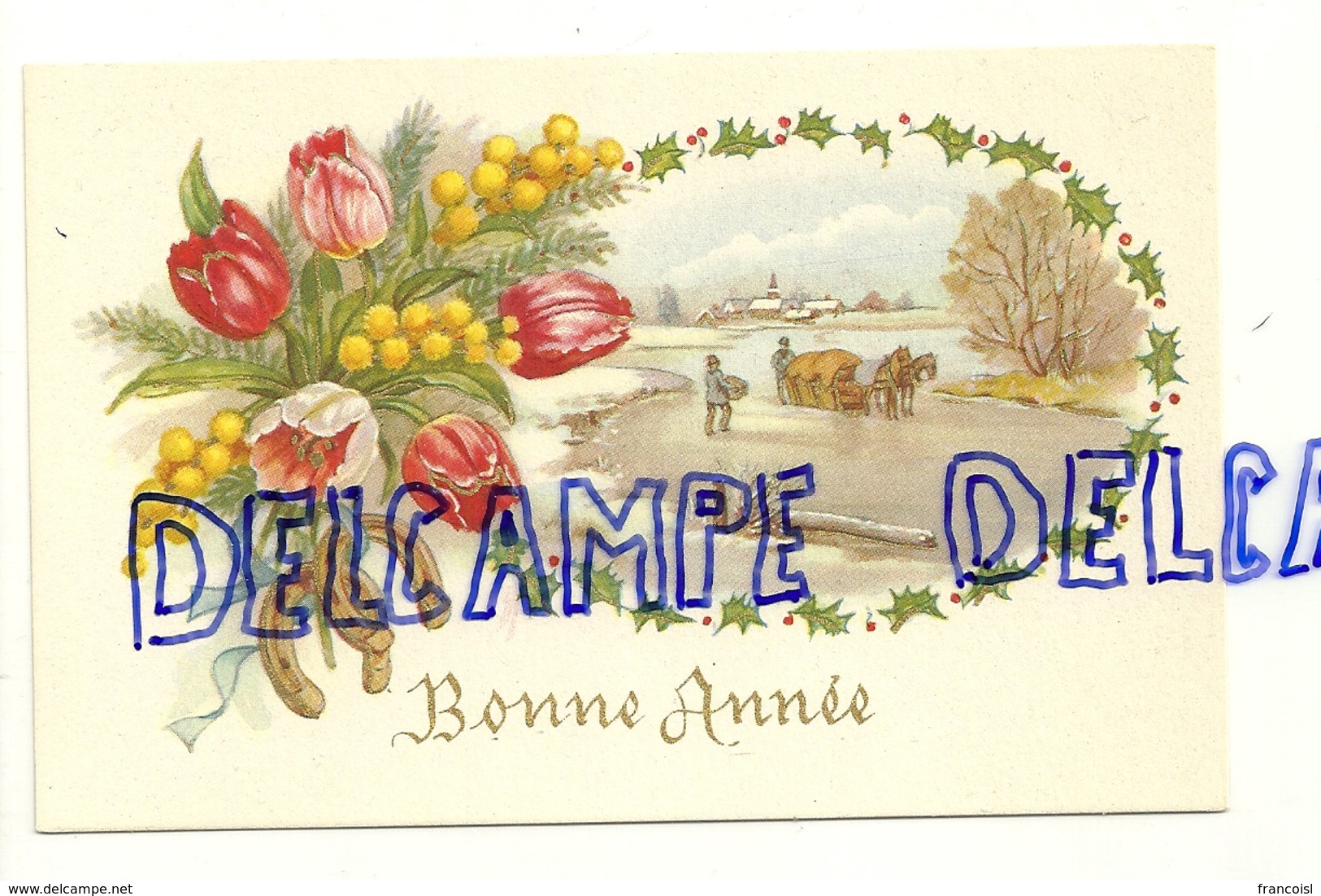 Bonne Année. Paysage Enneigé Encadré Tulipes, Mimosas, Houx, Fer à Cheval. Carte Dorée. Coloprint 54298 - Nouvel An