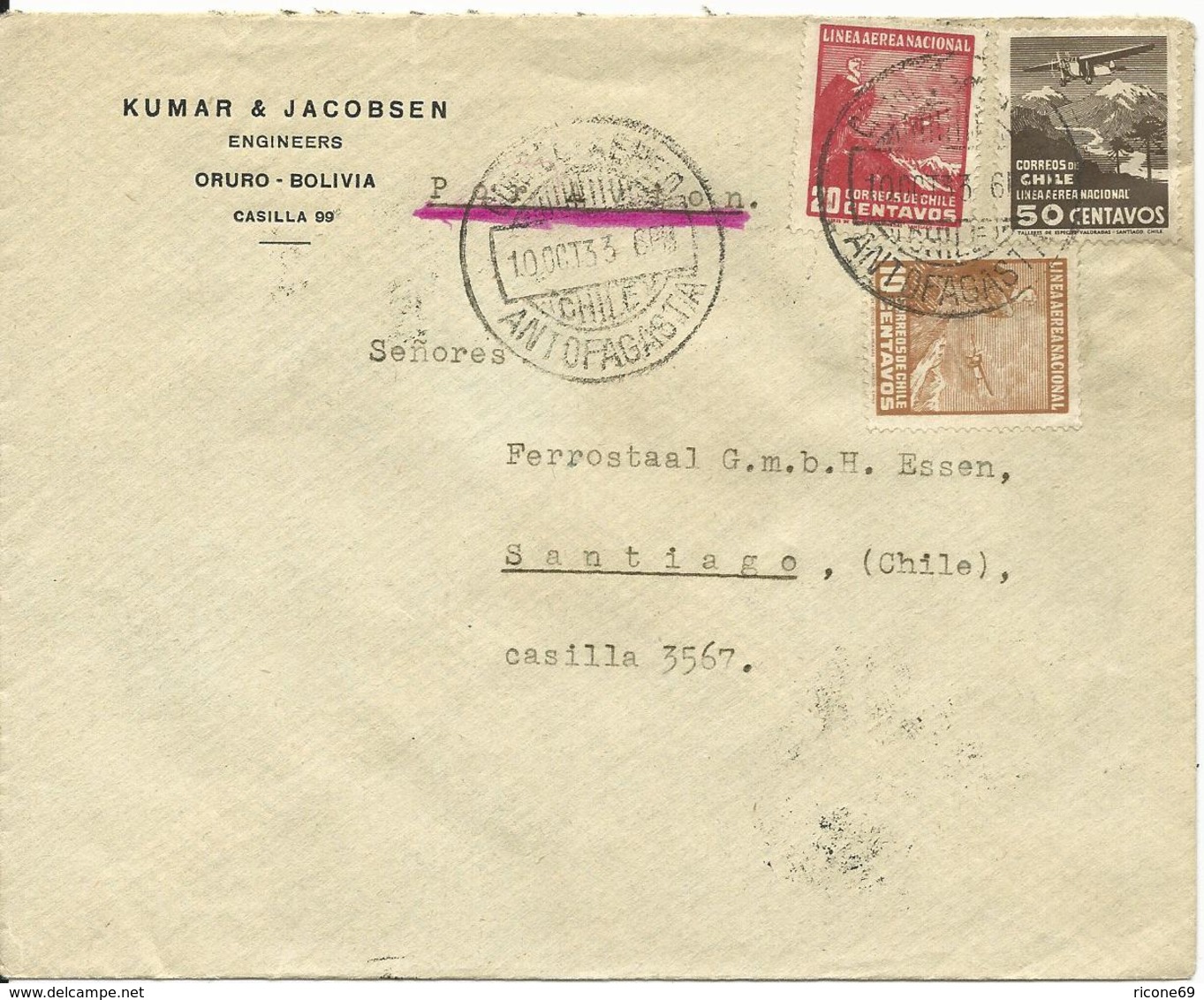 Chile 1933, 3 Luftpost Marken (2xCondor) Auf Brief V. Antofogasta - Chile