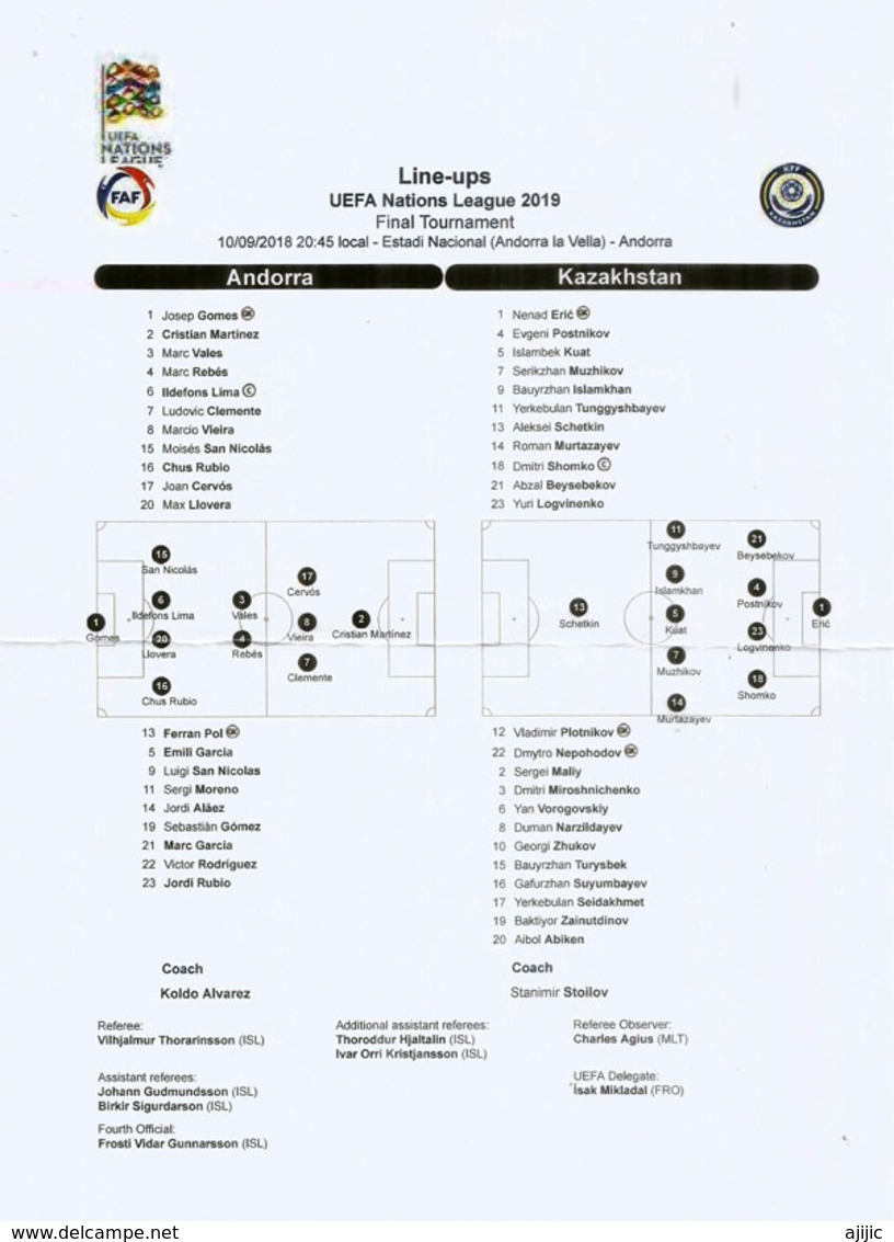 UEFA EUROPEAN NATIONS LEAGUE 2019. ANDORRA-KAZAKHSTAN, Line-ups KFF-FAF, Disponible Seuls Aux Tickets VIP. - Autres & Non Classés