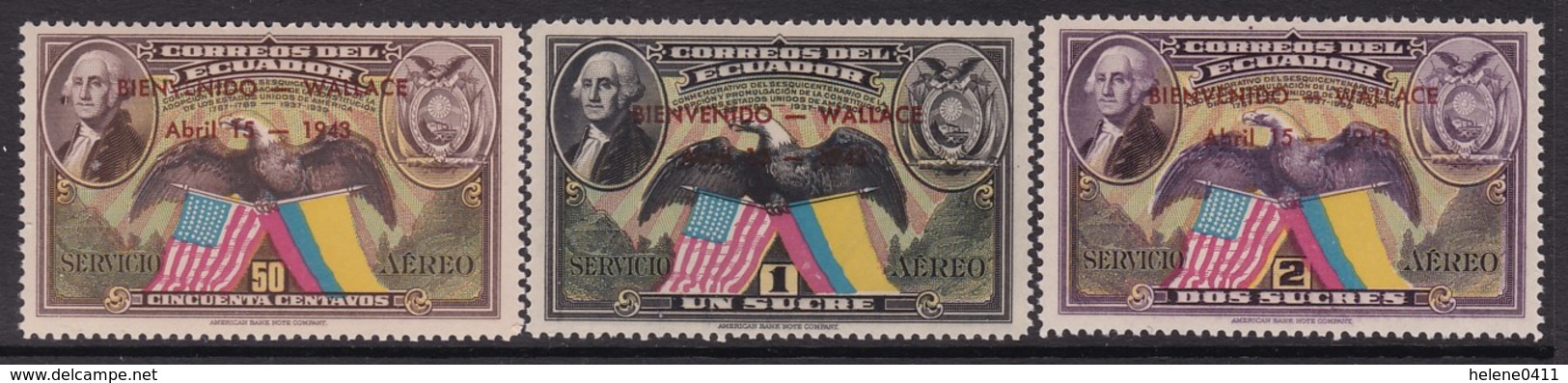 SERIE NEUVE D'EQUATEUR - VISITE DU VICE-PRESIDENT DES ETATS-UNIS H.A. WALLACE (TIMBRES SURCHARGES) N° Y&T PA 103A à 103C - Equateur