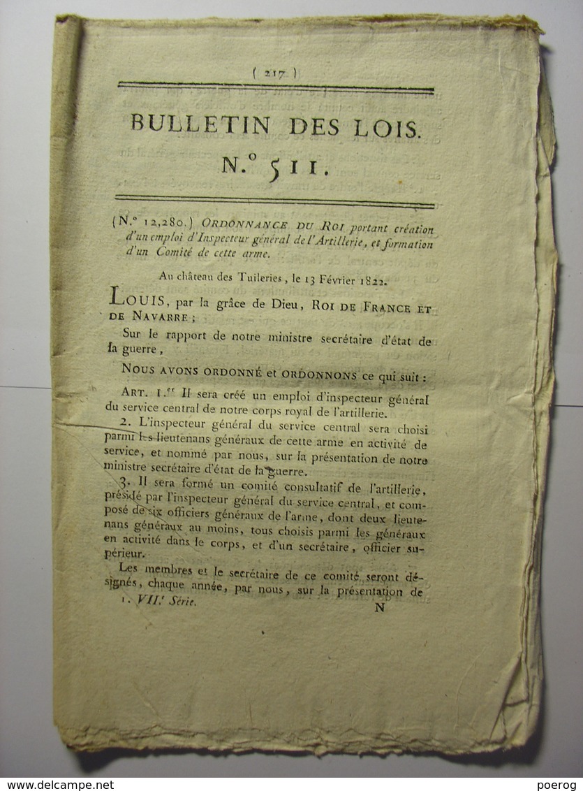 BULLETIN DES LOIS Du 19 MARS 1822 - INSPECTEUR GENERAL ARTILLERIE ET GENIE - COMPAGNIE DES GARDES A PIED DU CORPS DU ROI - Decrees & Laws
