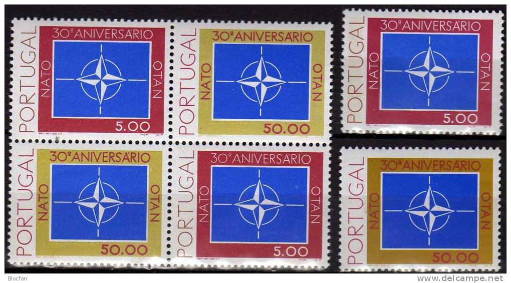 Emblem 30 Jahre NATO 1979 Portugal 1439/0+4-Block ** 10€ Beitritt Zum Bündnis Windrose Bloc Stars Se-tenant Bf OTAN - Neufs