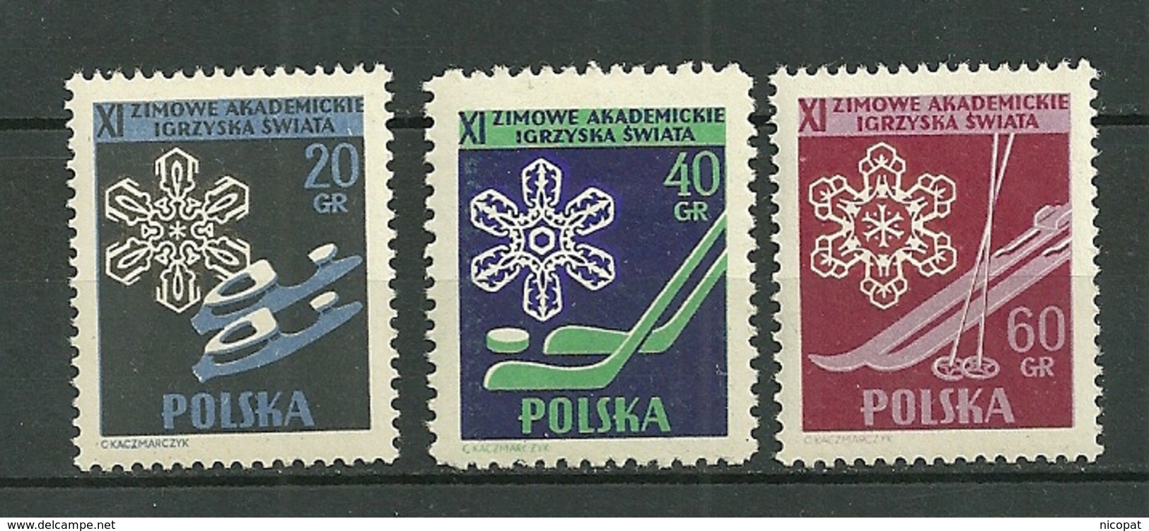 POLAND MNH ** 852-854 Championnats De Sports D'hiver Estudiantins, Patins à Glace, Cristaux De Neige, Cannes à Ski - Neufs