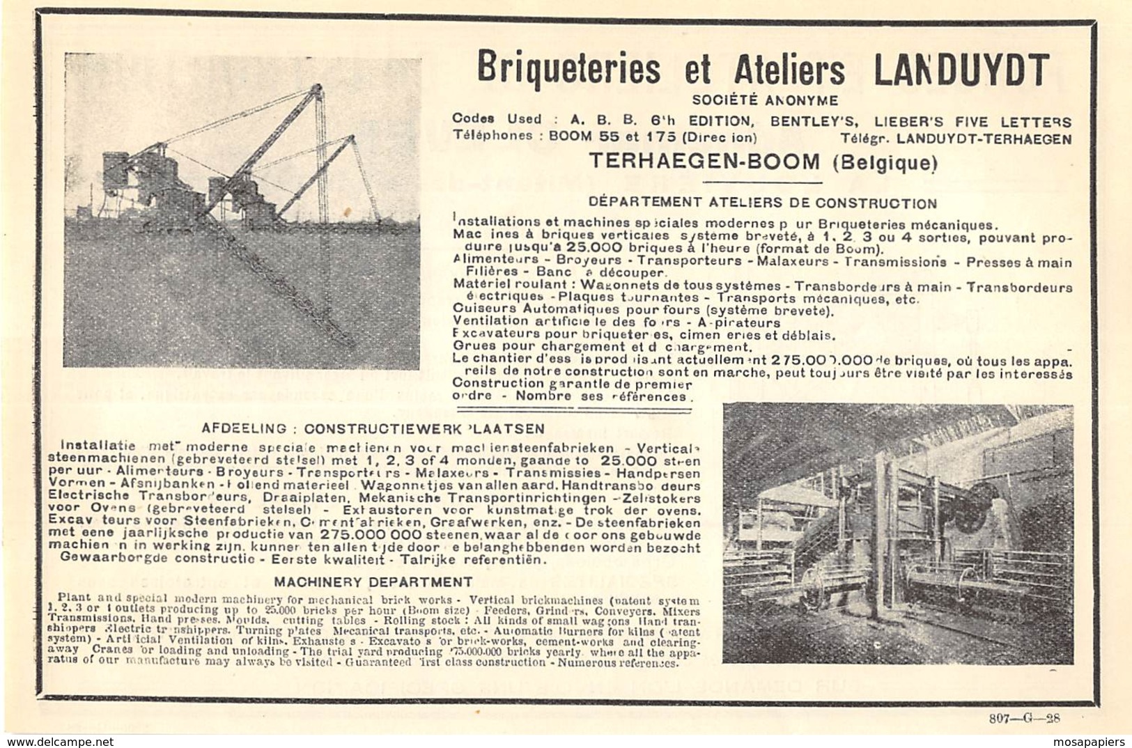 1928 - Terhaegen-Boom - Briqueteries Et Ateliers Landuydt - Dim. 1/2 A4 - Publicités