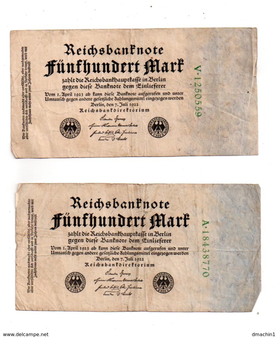 Reichsbanknote - 4 Billets De 500 Mark De 1922-voir état. - Lots & Kiloware - Banknotes