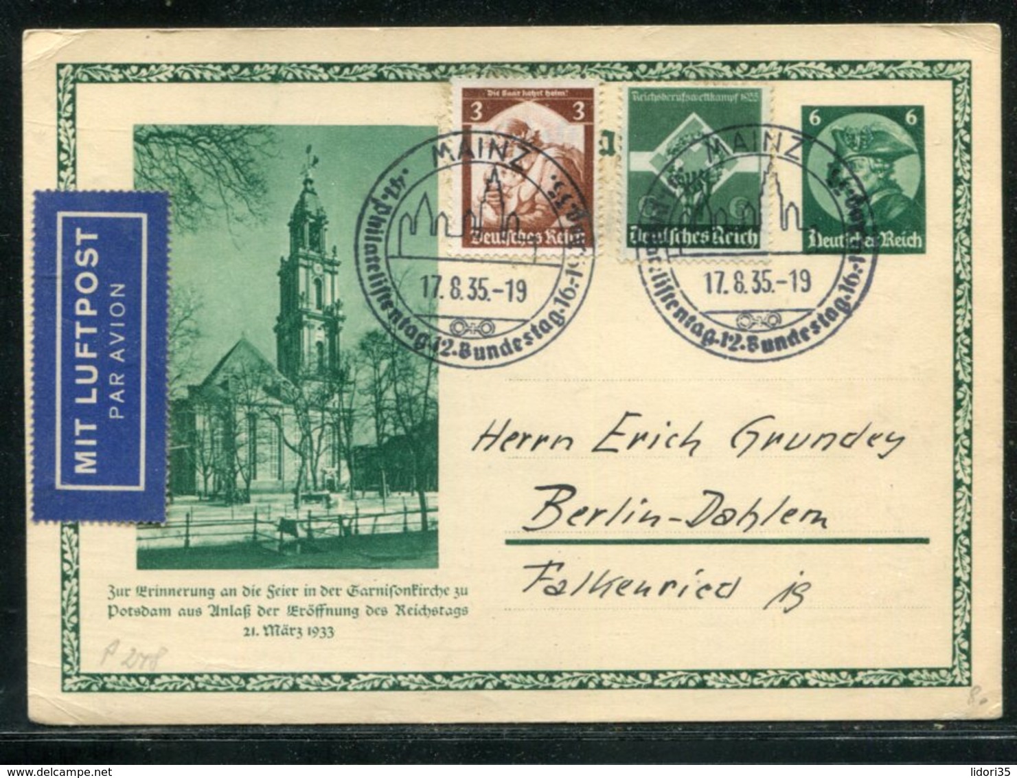 Deutsches Reich / 1935 / Sonderpostkarte Mit Int. Zusatzfrank. Per Luftpost, SSt. Mainz (18093) - Sonstige & Ohne Zuordnung