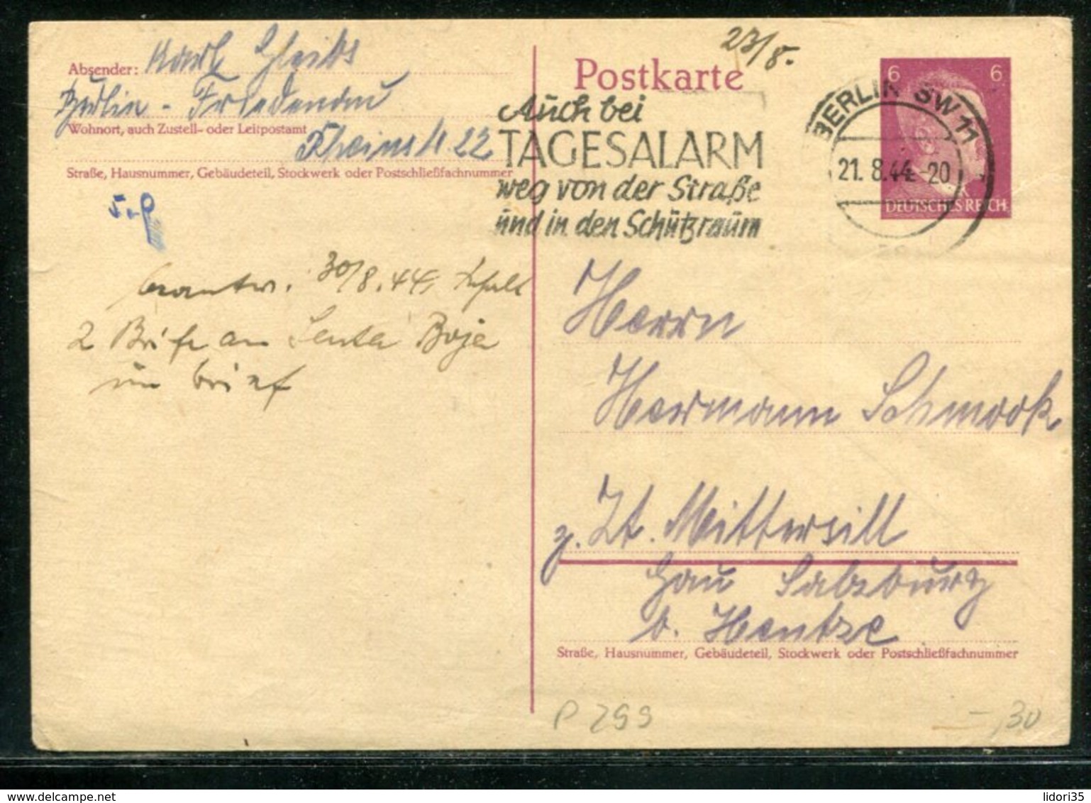 Deutsches Reich / 1944 / Int. Masch.-Stempel Berlin "Auch Bei Tagesalarm .... In Den Schutzraum" A.Postkarte (18097) - Maschinenstempel (EMA)