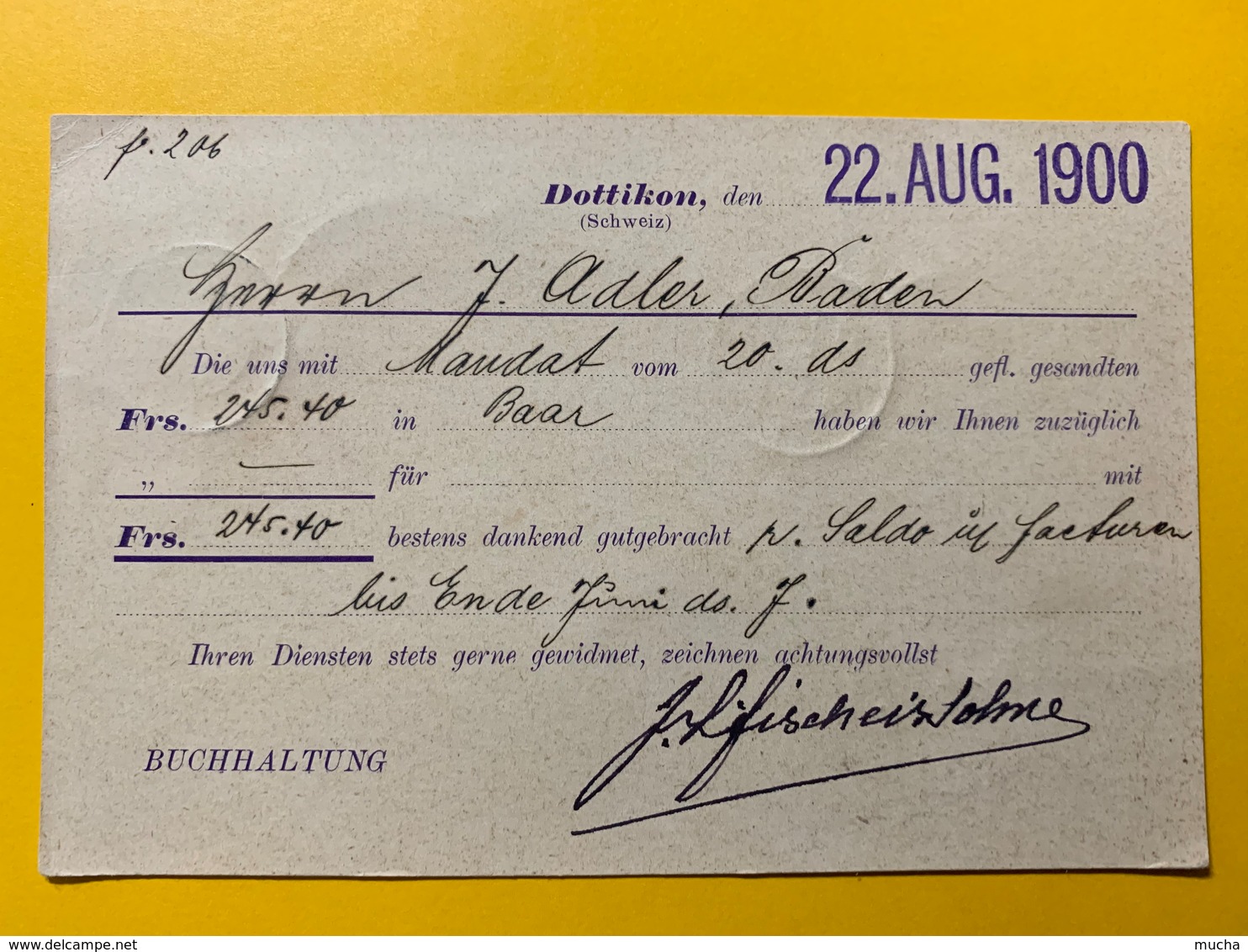 8703 -  JL Fischer's Söhne Stohhutmanufaktur Dottikon 22.08.1900 Pour Baden - Autres & Non Classés