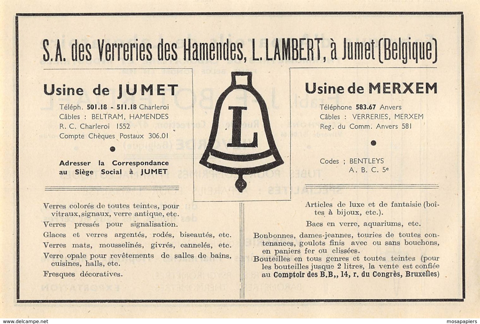 1947 - JUMET - S.A. Des Verreries Des Hamendes - L. Lambert - Dim. 1/2 A4 - Publicités