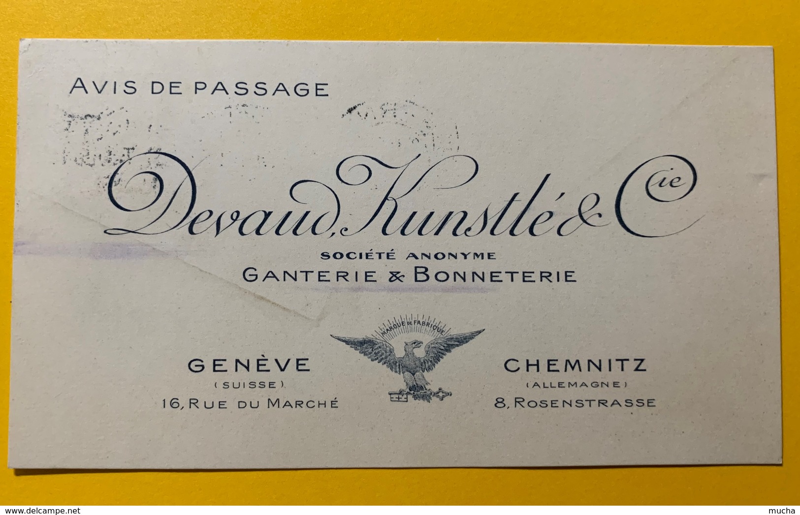 8705 - Avis De Passage Devaud,Kunstlé Ganterie Et Bonneterie Genève Bern 2.10.1912 - Lettres & Documents