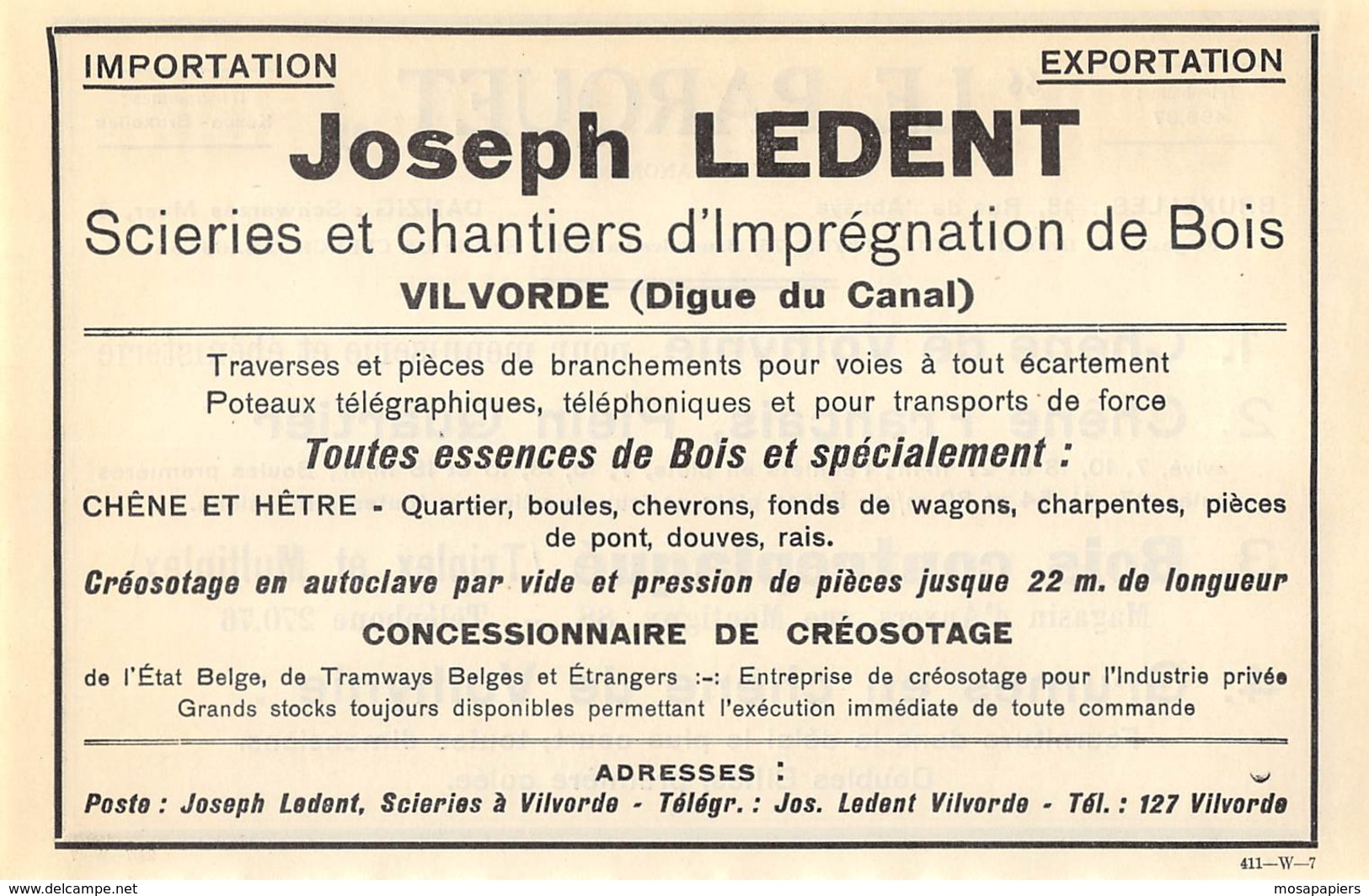 1927 - VILVORDE - Imprégnation De Bois - Ets Joseph LEDENT - Dim. 1/2 A4 - Advertising