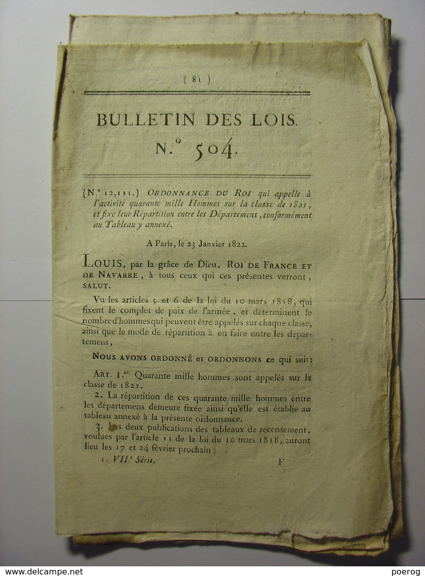 BULLETIN DES LOIS Du 5 FEVRIER 1822 - CLASSES 1821 - CHEMILLE - SAINT HILAIRE DU HARCOUET - MARTIGNE BRIAND - GIGNY Etc - Gesetze & Erlasse