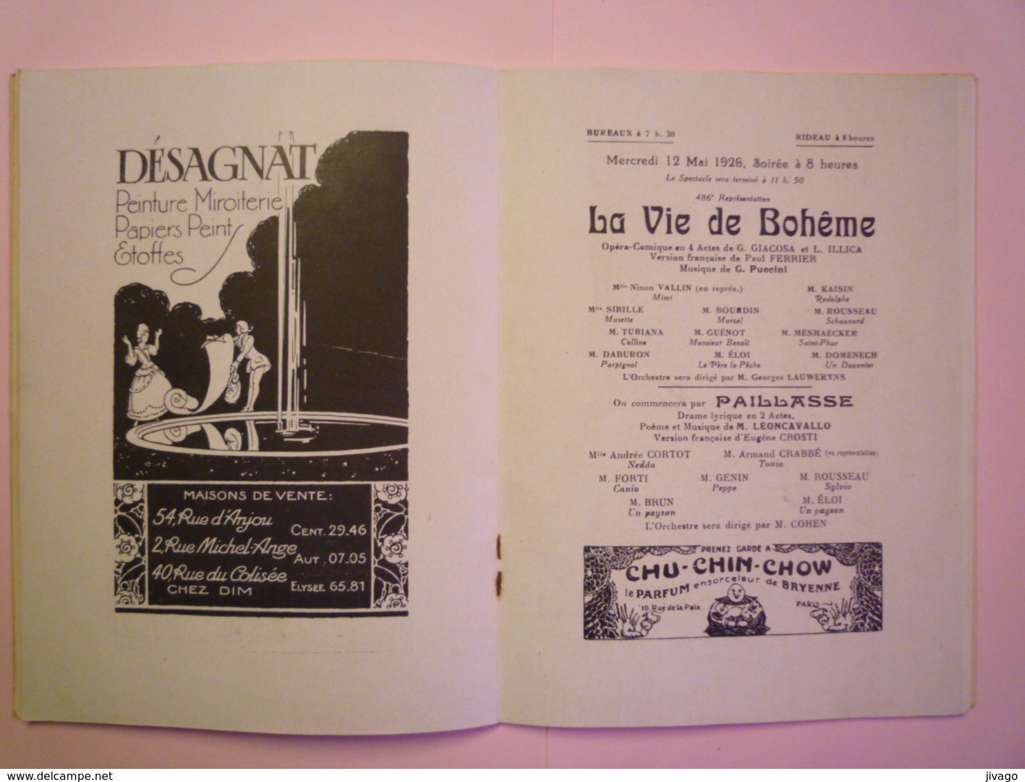 2019 - 1649  JOLI  PROGRAMME du Théâtre  National de l'OPERA-COMIQUE "  1925-1926  " La Vie de Bohème "   