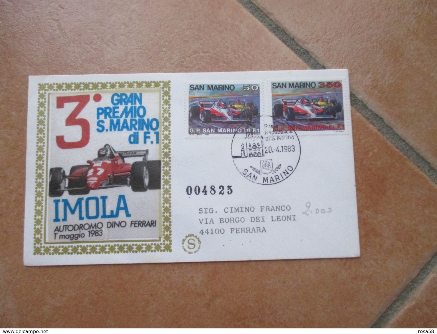 20.4.1983 GRAN Premio San Marino Formula 1 Autodromo Dino Ferrari N.2 Valori Busta Raccomandata - Storia Postale