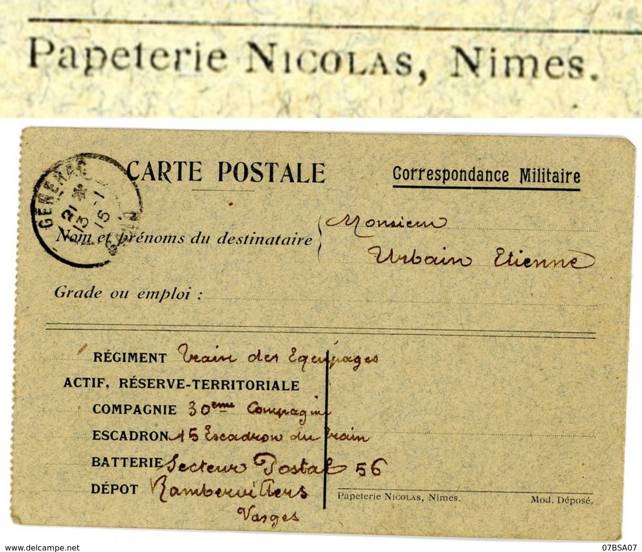 GARD CPFM 1915 GENERAC PROVIENT D UN CARNET DE FABRICATION PRIVEE PAPETERIE NICOLAS A NIMES - 1877-1920: Période Semi Moderne