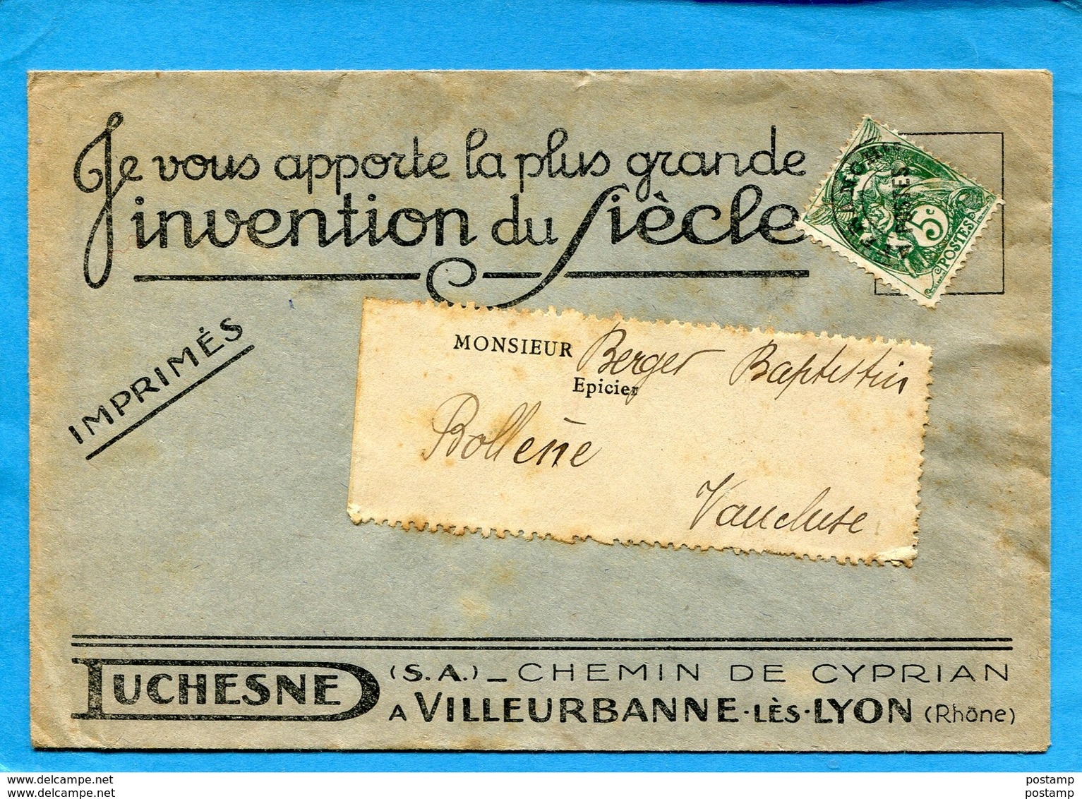 Marcophilie-lettre Commerciale "invention Du Siècle" Affranchissement Préo 5c Type Blanc -années 1910 - Tarifs Postaux