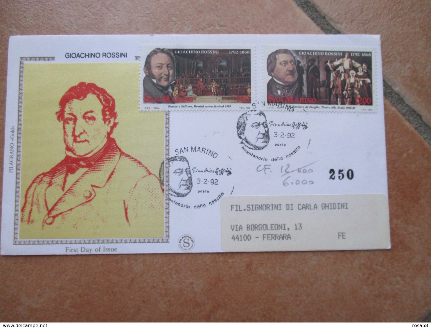 3.2.1992 Gioacchino ROSSINI Musica Annullo Speciale Alto Valore Nominale - Storia Postale