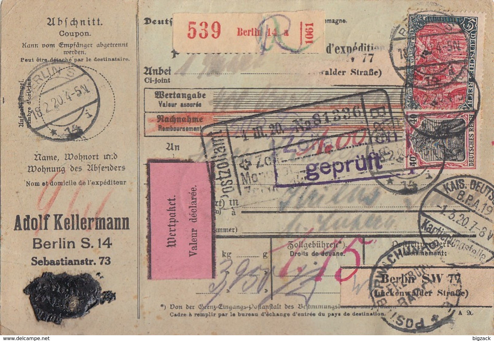 DR Wert-Paketkarte Mif Minr.87II,90II,94II,96II,97II Berlin 18.2.20 Gel. In Schweiz - Briefe U. Dokumente