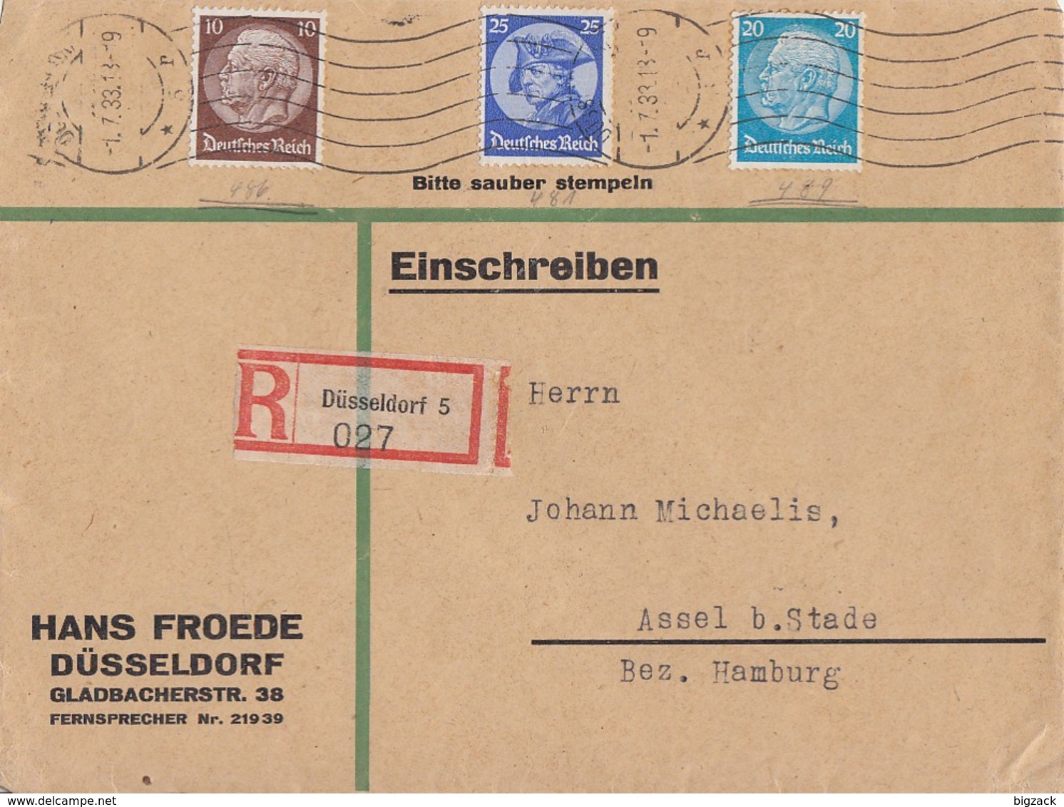 DR R-Brief Mif Minr.481,486,489 Düsseldorf 1.7.33 - Storia Postale