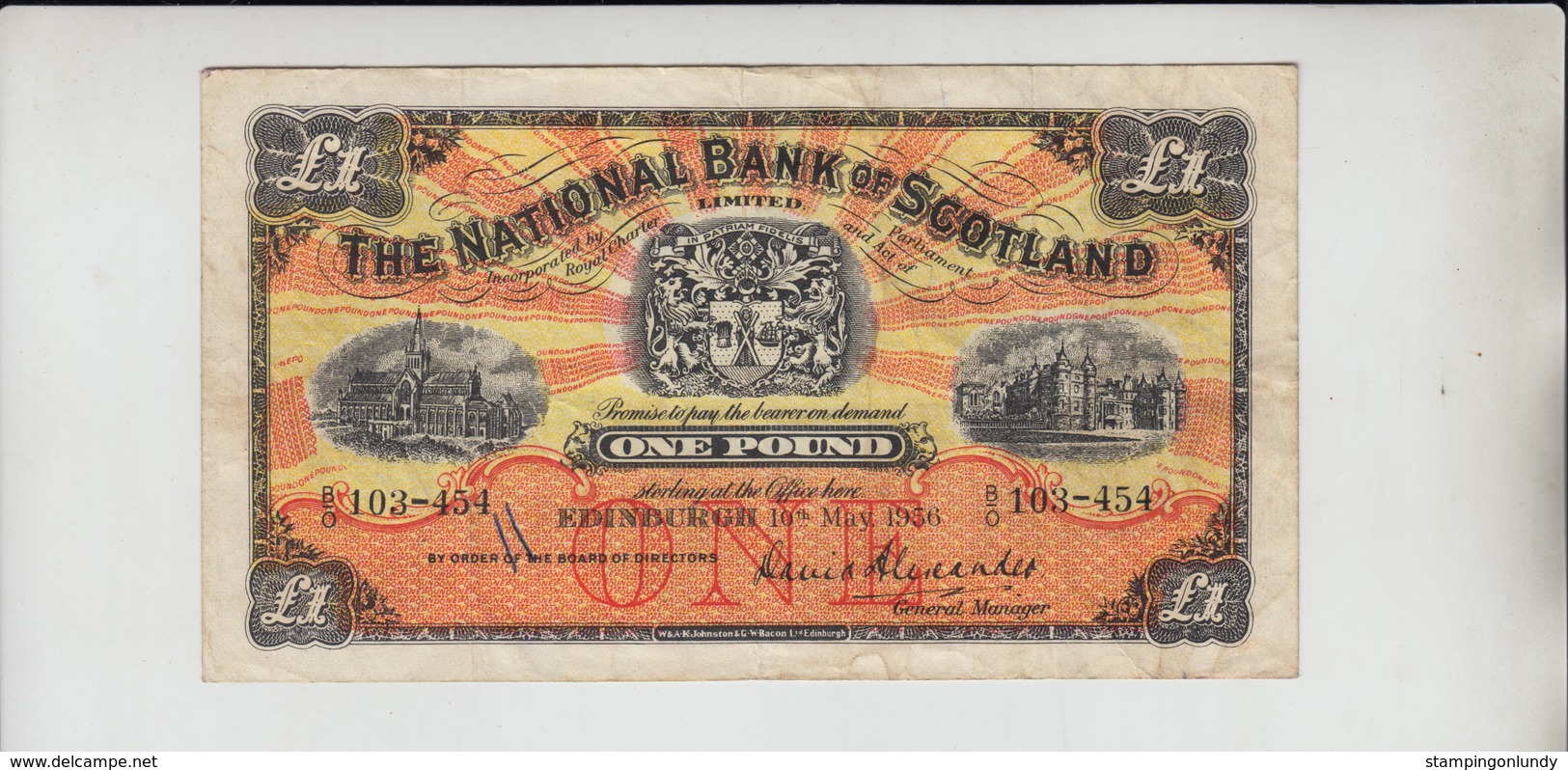 AB538. The National Bank Of Scotland Ltd £1 Banknote 10th May 1956 #B/O 103-454 FREE UK P+P - 1 Pound