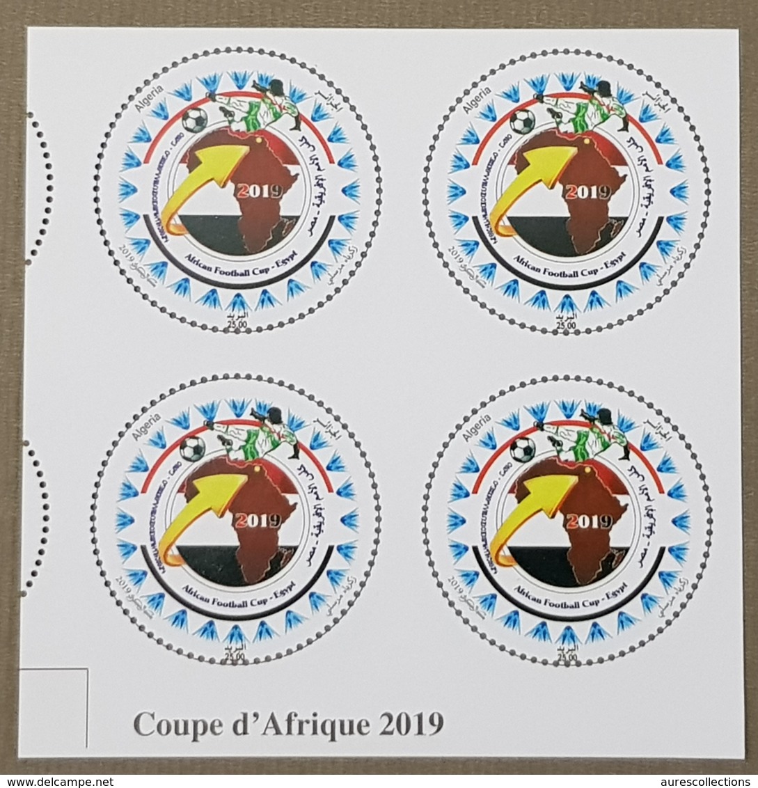 ALGERIE ALGERIA 2019 ERROR SOCCER AFRICA CUP OF NATIONS COUPE AFRIQUE FOOTBALL EGYPT ODD SHAPE CIRCULAR BLOC BLOCK OF 4 - Coupe D'Afrique Des Nations