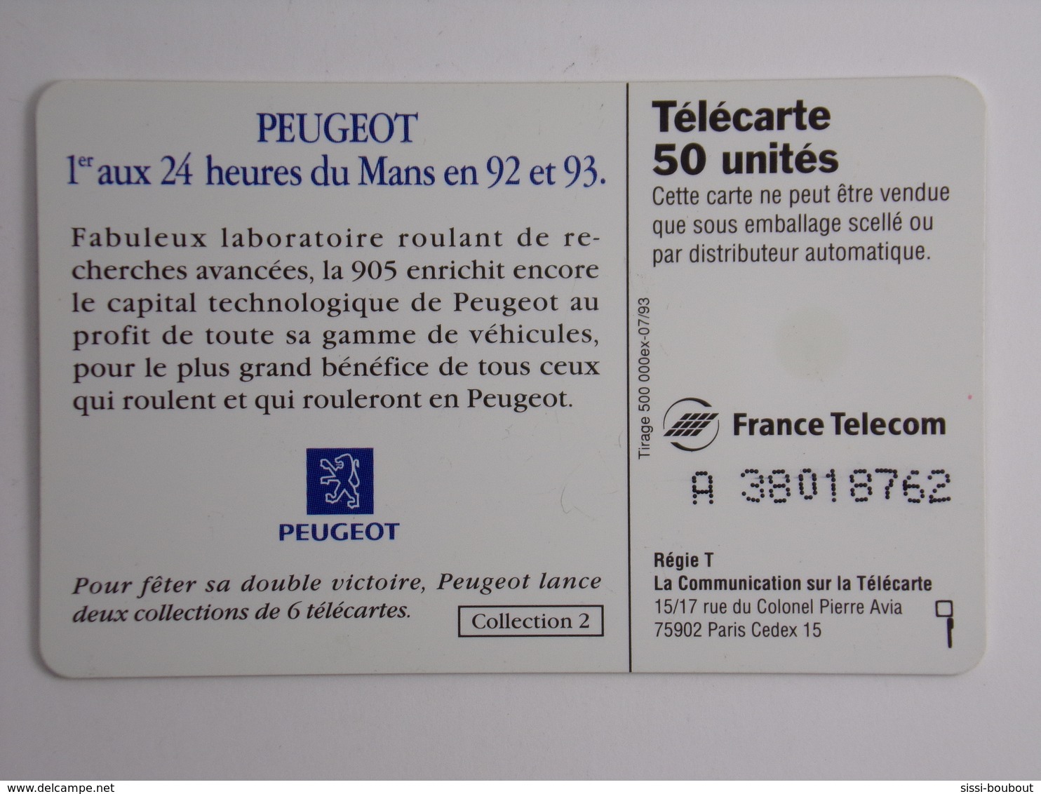 Télécarte - PEUGEOT - 24 Heures Du Mans - 500000 Exemplaires - 1993 - Voitures