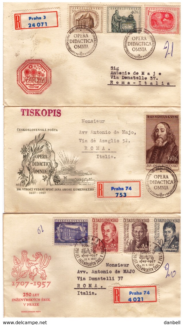 MG215) CECOSLOVACCHIA 1957 Lotto Di 6 FDC Raccomandate Viaggiate  Komensky -Enginering School-Musicians - Storia Postale