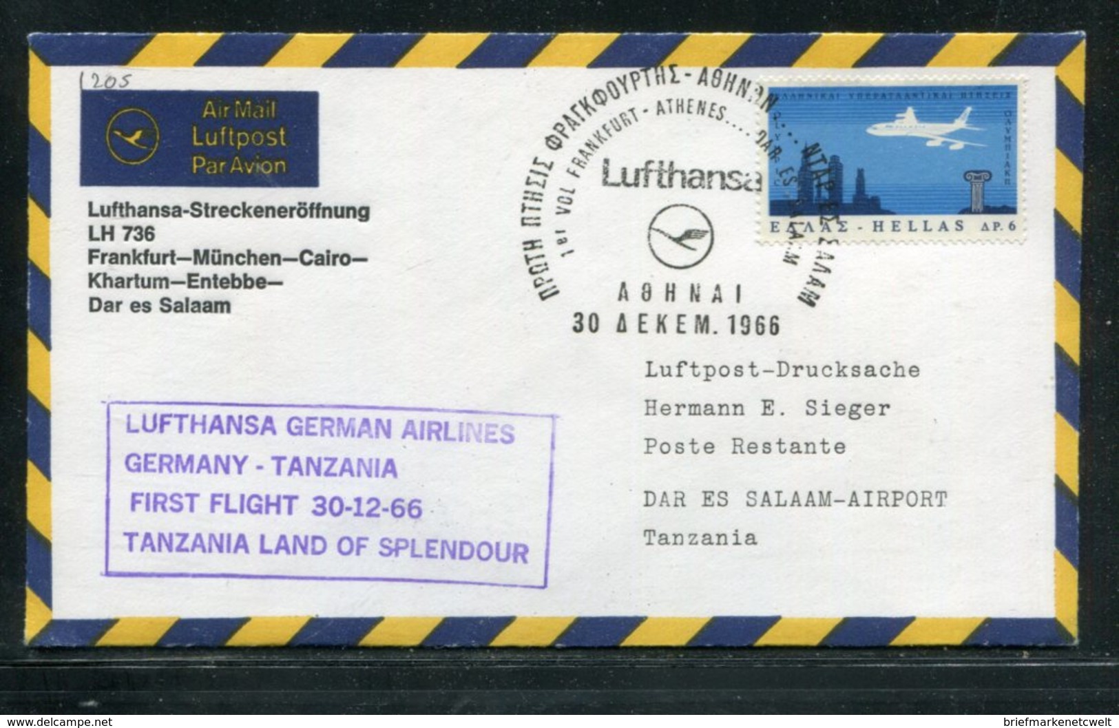 Griechenland / 1966 / Lufthansa-Erstflugbrief Athen-Dar Es Salaam (18118) - Storia Postale