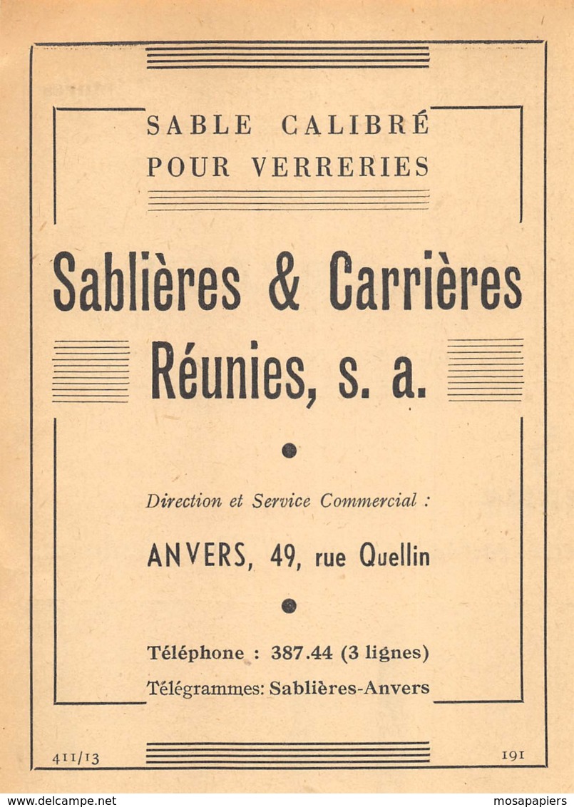 ANVERS - Rue Quellin - Sable Pour Verreries - SABLIERES & CARRIERES REUNIES - Dim. +/- 1/4 A4 - Publicités