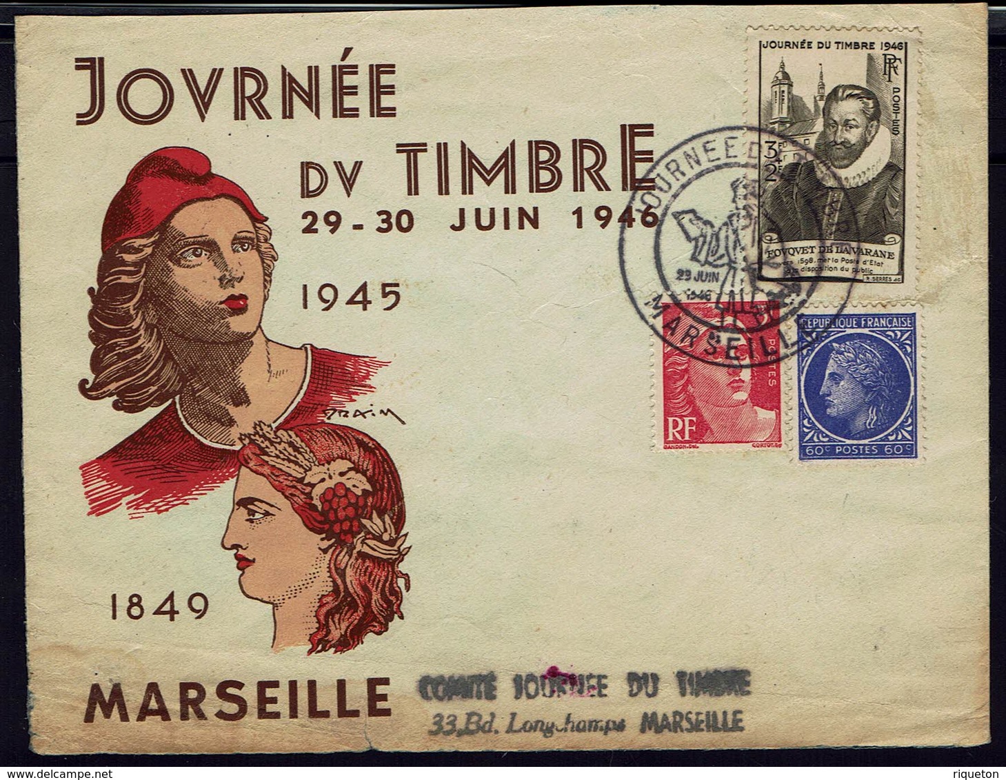 Fr - Enveloppe Décorative Marianne, Cérès - Journée Du Timbre Marseille 26 Juin 1946 - B/TB - - ....-1949