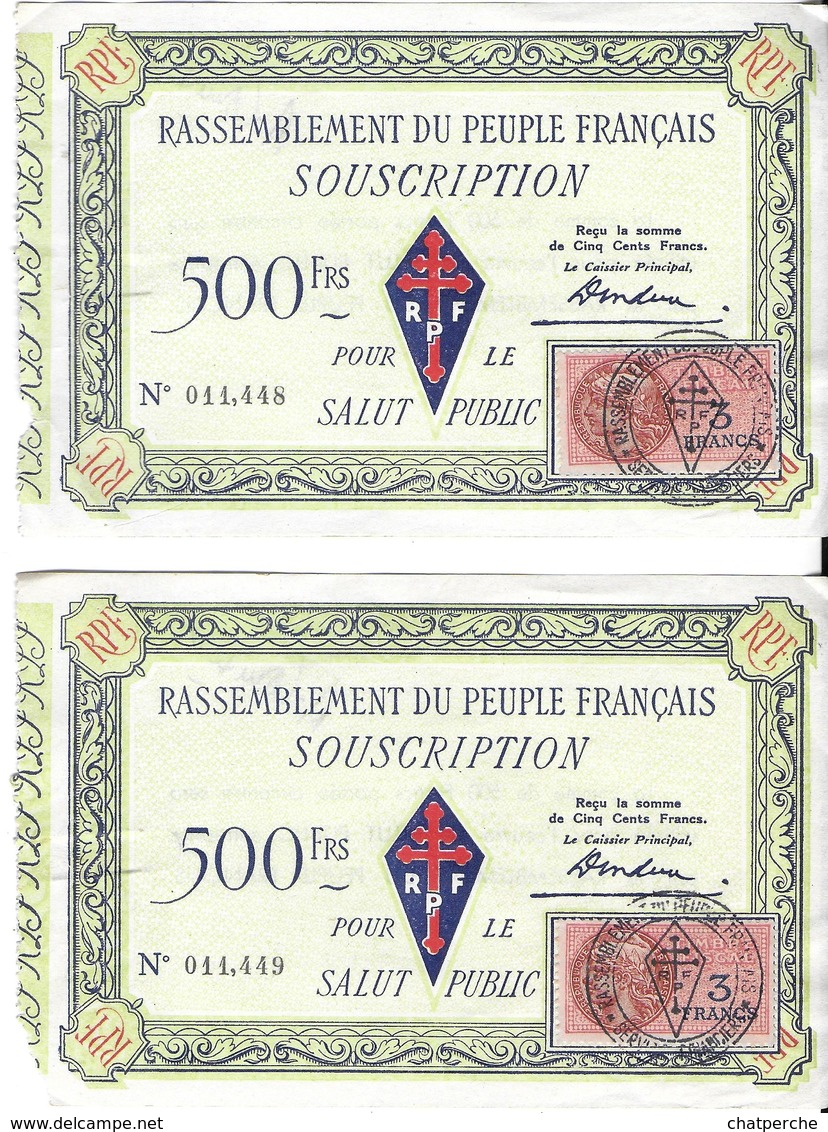 2 BILLETS LOTERIE RASSEMBLEMENT DU PEUPLE FRANÇAIS RPF SOUSCRIPTION CACHET TIMBRE FISCAL CROIX DE LORRAINE - Lottery Tickets