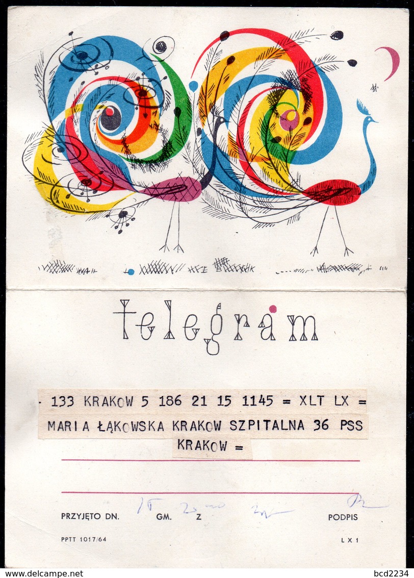 POLAND 1964 TELEGRAM SPECIAL OCCASION STYLISED PEACOCKS BIRDS USED TÉLÉGRAMME TELEGRAMM TELEGRAMA TELEGRAMMA - Paons