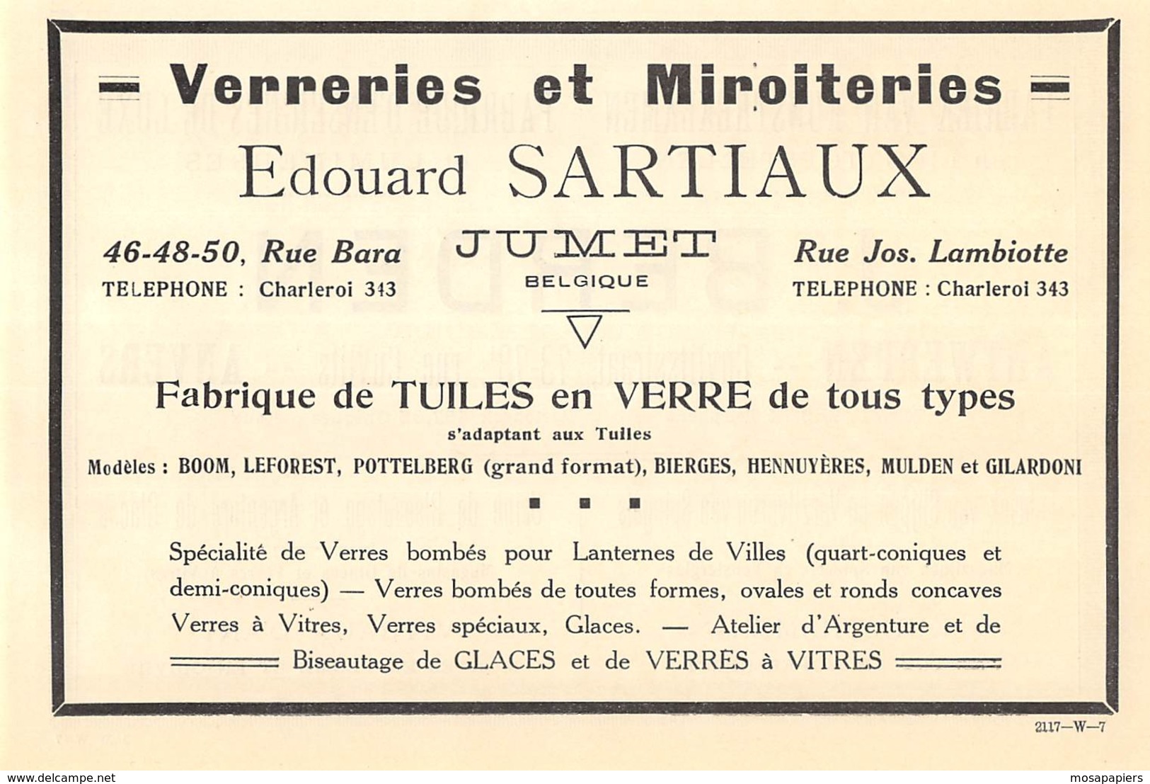 1927 - JUMET - Rue Bara - Verreries Et Miroiteries - Edouard SARTIAUX - Dim. 1/2 A4 - Publicités