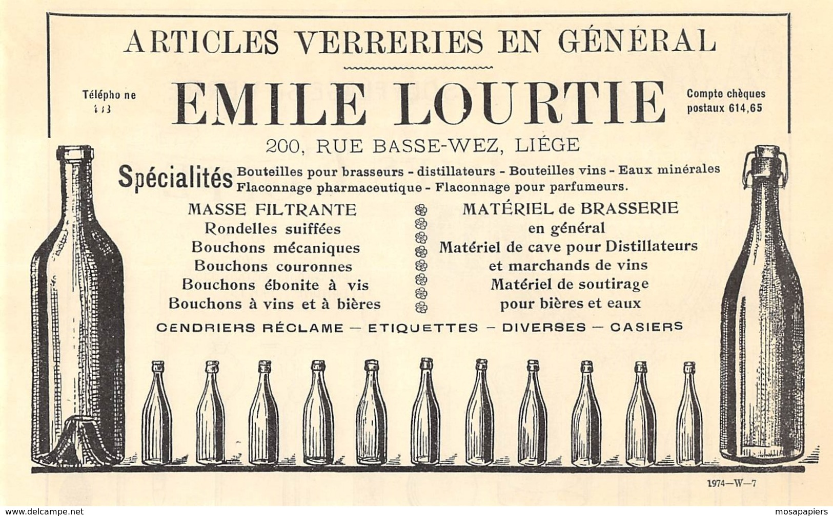 1927 - LIEGE - Rue Basse-Wez - Articles Verreries En Général - Emile LOURTIE - Dim. 1/2 A4 - Publicités