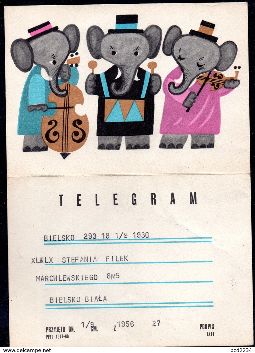 POLAND 1966 TELEGRAM ELEPHANTS FOLK BAND STREET ORCHESTRA MUSIC CULTURE USED TÉLÉGRAMME TELEGRAMM TELEGRAMA TELEGRAMMA - Lettres & Documents