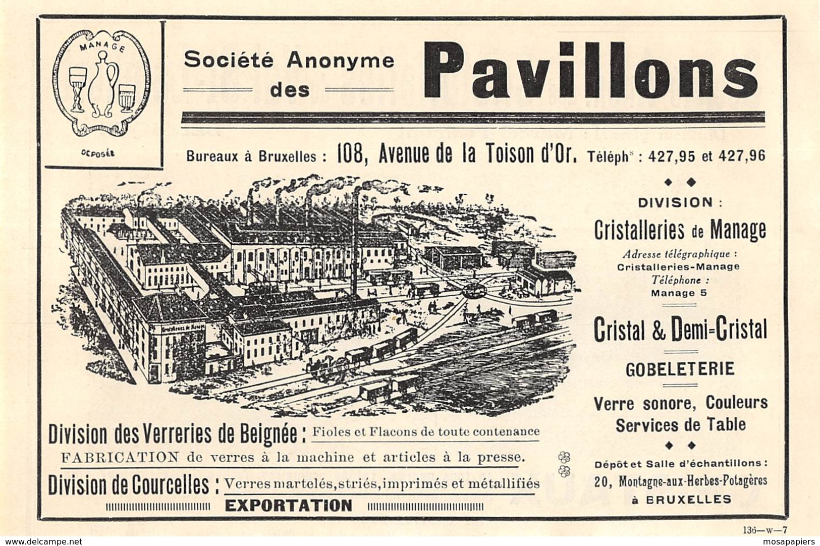 1927 - MANAGE - S.A. Des PAVILLONS - Cristallerie De Manage - Dim. 1/2 A4 - Publicités