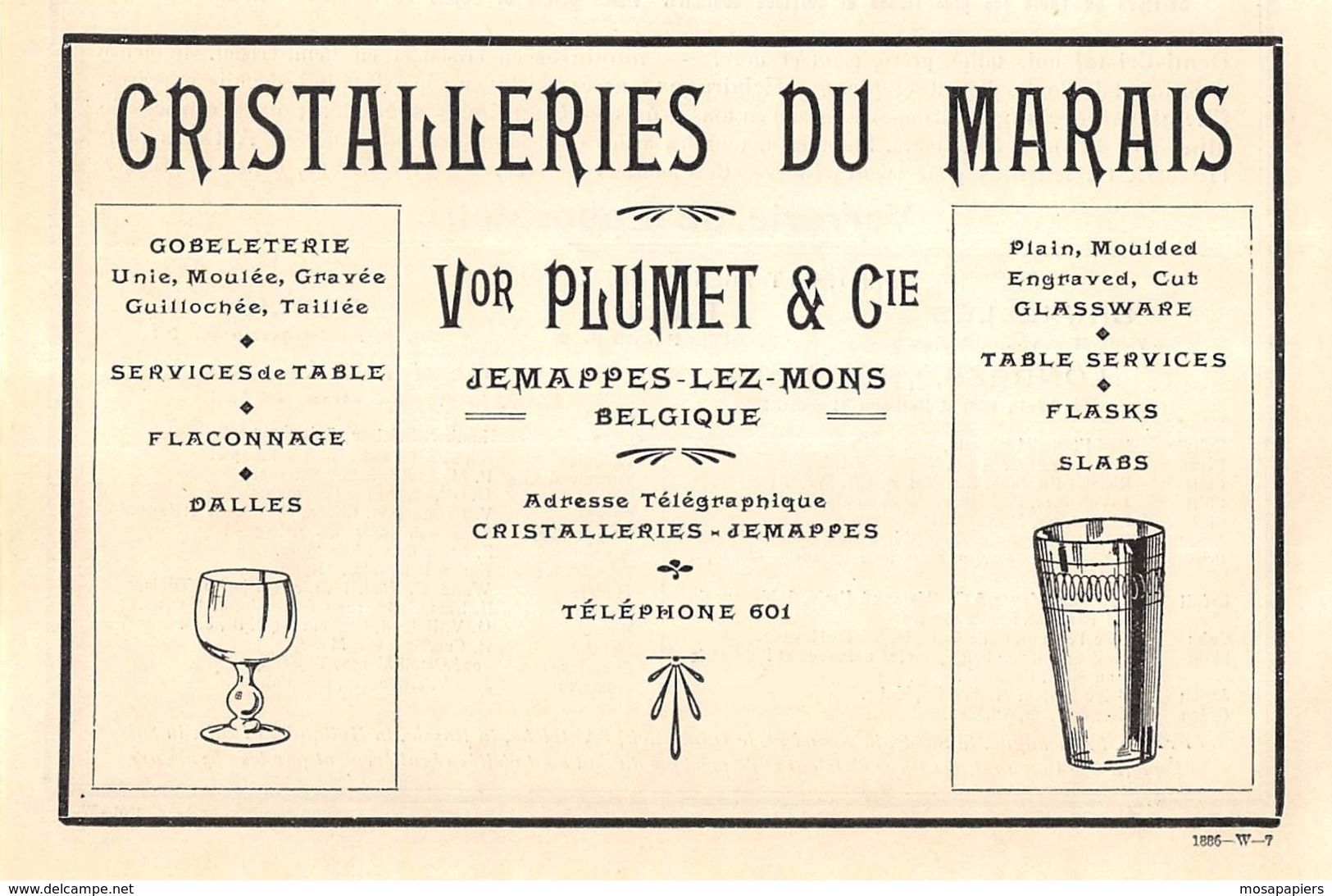 1927 - JEMAPPES-lez-MONS - Cristalleries Du Marais - Vor. PLUMET & Cie - Dim. 1/2 A4 - Publicités