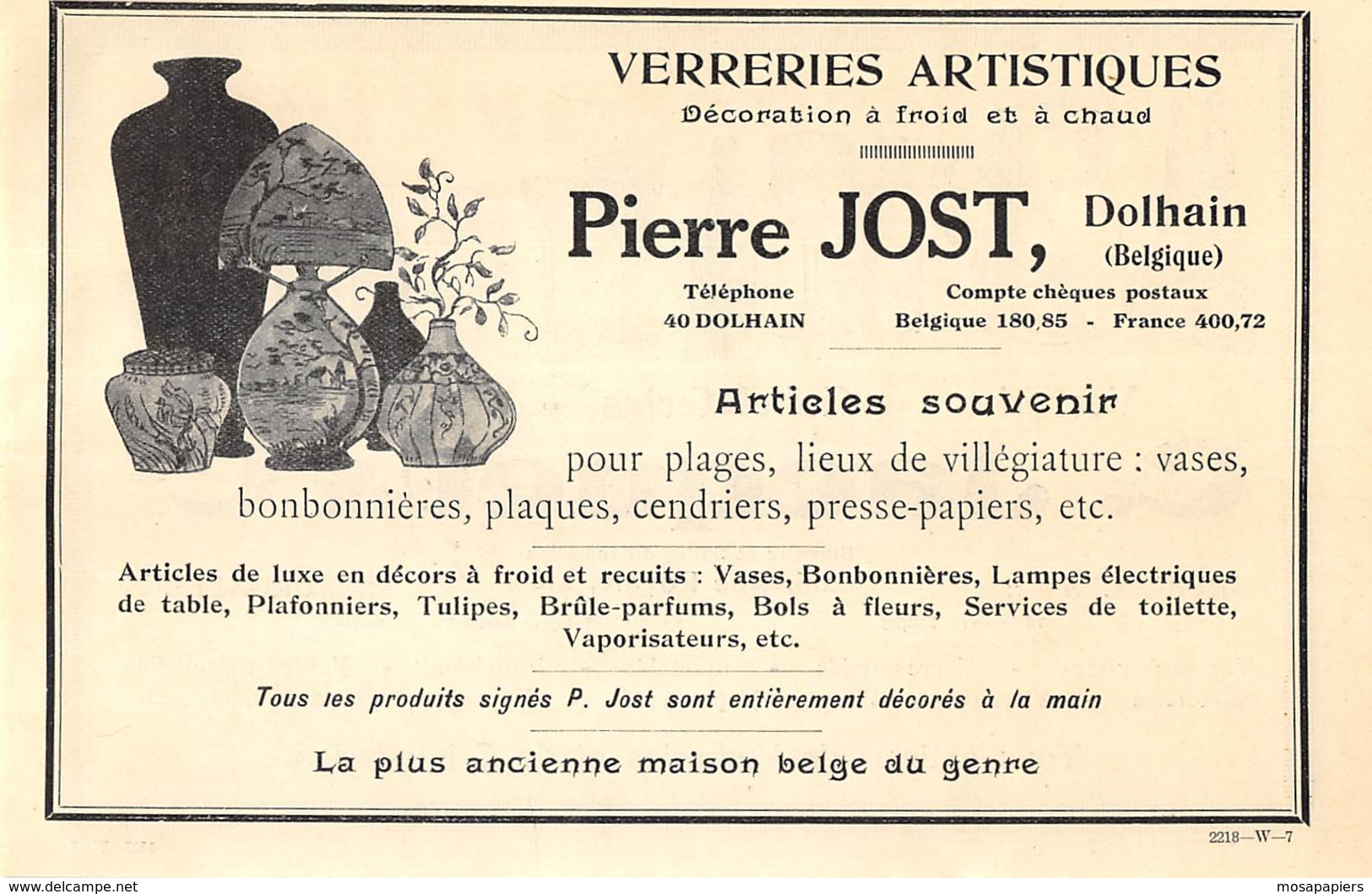 1927 - DOLHAIN - Verreries Artistiques - Pierre JOST - Dim. 1/2 A4 - Publicités
