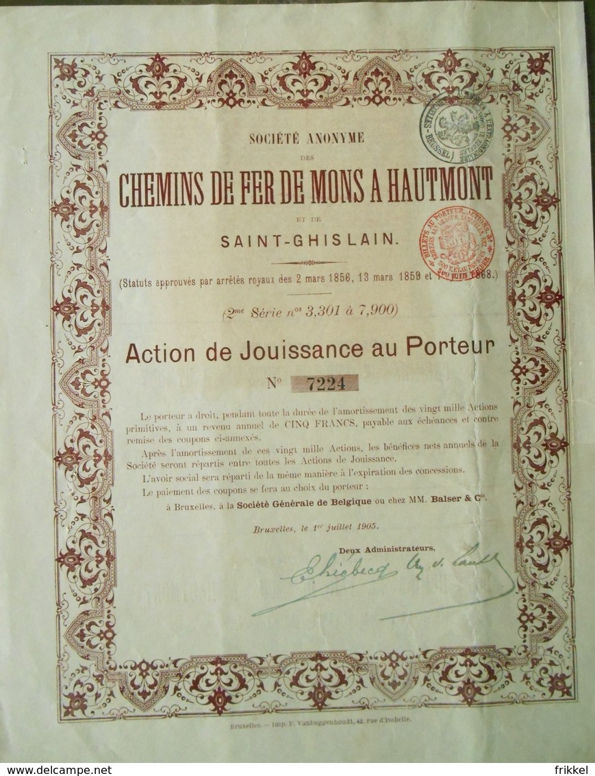 Société Anonyme Des Chemin De Fer De Mons à Hautmont ( Aandeel Obligation Action ) - Chemin De Fer & Tramway