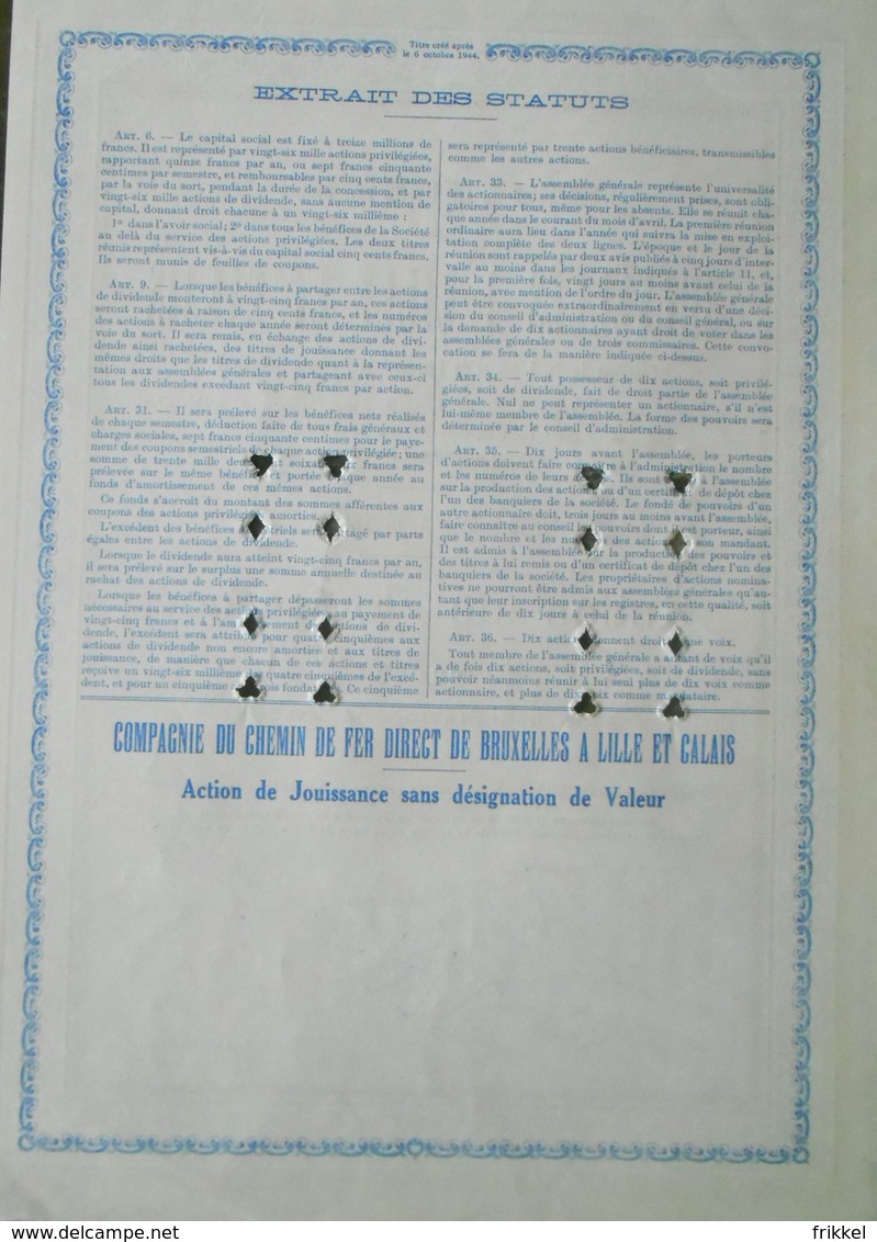 Compagnie Du Chemin De Fer  Direct De Bruxelles à Lille Et Calais ( Aandeel Obligation Action ) - Ferrovie & Tranvie
