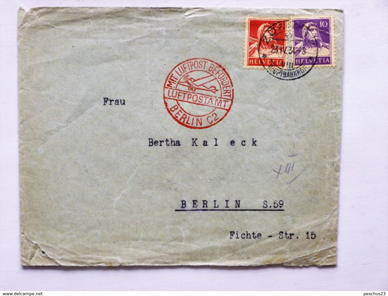 SCHWEIZ / SUISSE => DEUTSCHLAND // 1934, Flugbrief, ZÜRICH 23.IV.34 => BERLIN; Ankunftsstempel - Sonstige & Ohne Zuordnung