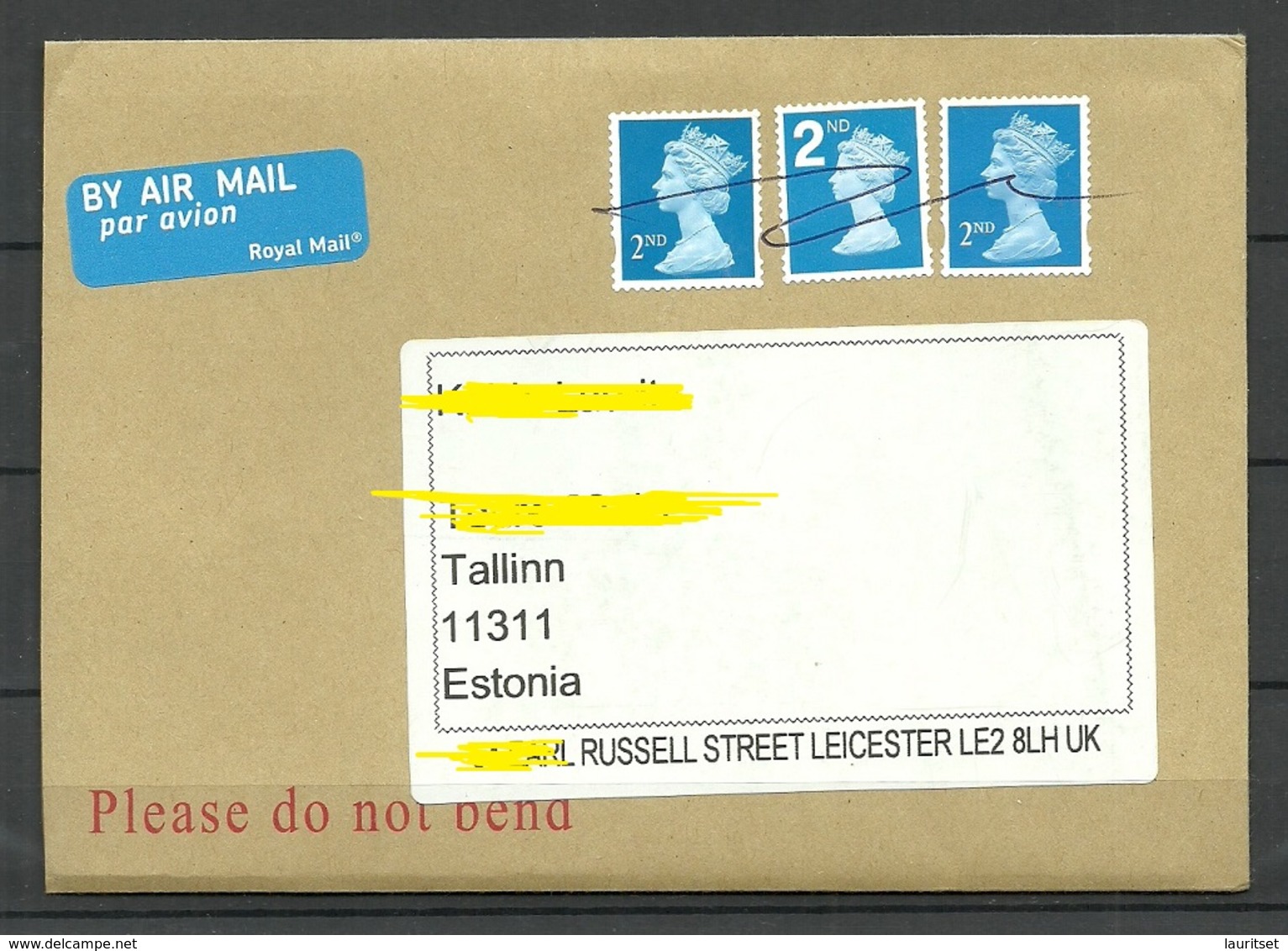 GREAT BRITAIN 2019 Air Mail Cover Queen Elizabeth Stamp X 3 Cancelled By Hand To Estonia - Covers & Documents