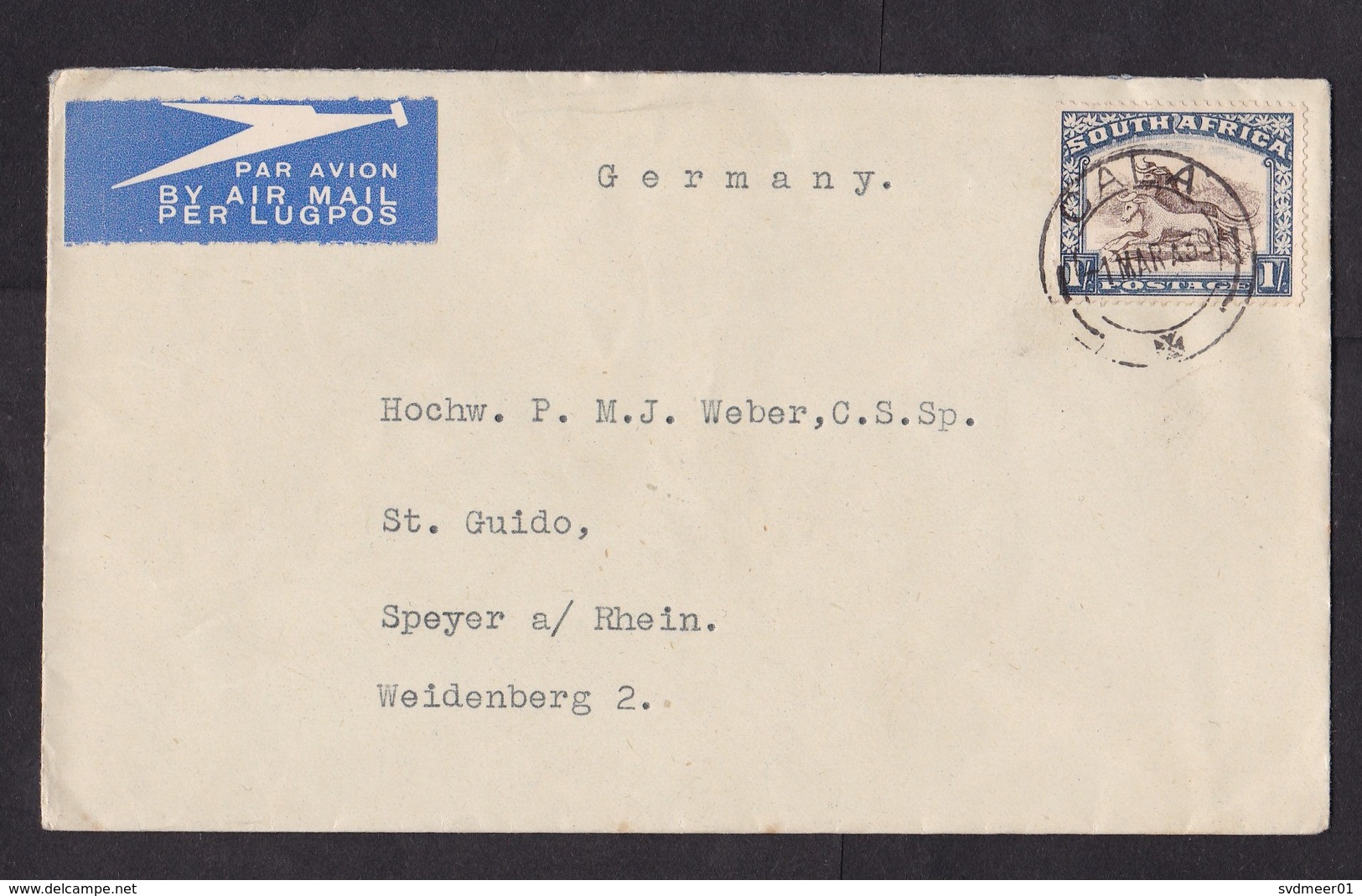 South Africa: Airmail Cover To Germany, 1939, 1 Stamp, Animals, Cancel Cala, Air Label (traces Of Use) - Briefe U. Dokumente