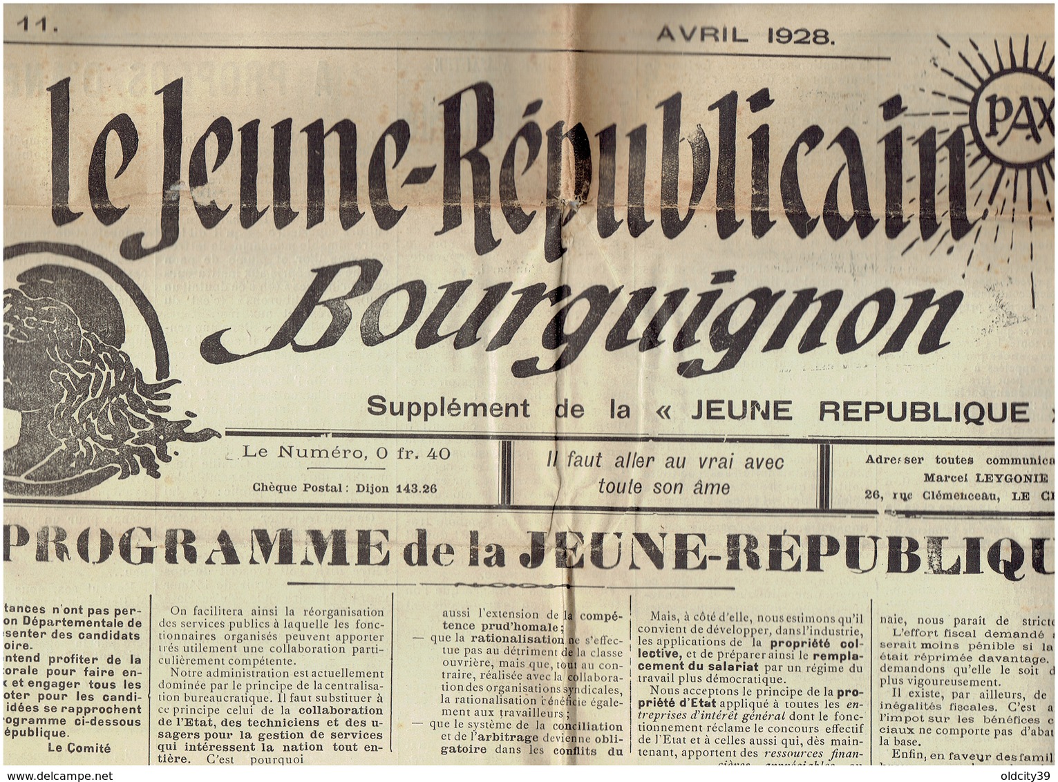 Le JEUNE REPUBLICAIN BOURGUIGNON ( Avril 1928) MARC SANGNIER Son Programme - Autres & Non Classés