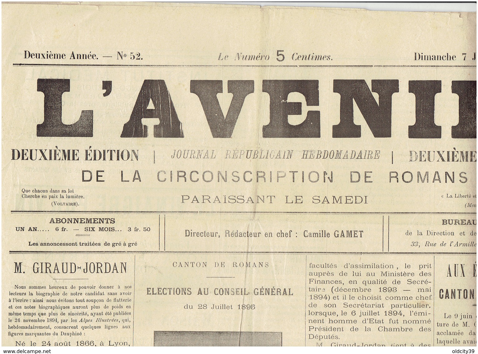 7 Jullet 1895 N° 52 : L AVENIR ( Romans ) - 1850 - 1899