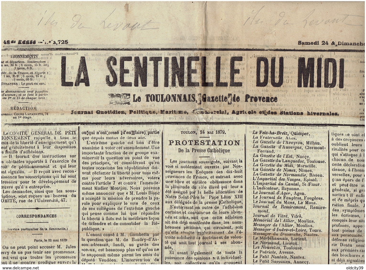 25 Mai 1879 : LA SENTINELLE DU MIDI - Toulon - 1850 - 1899