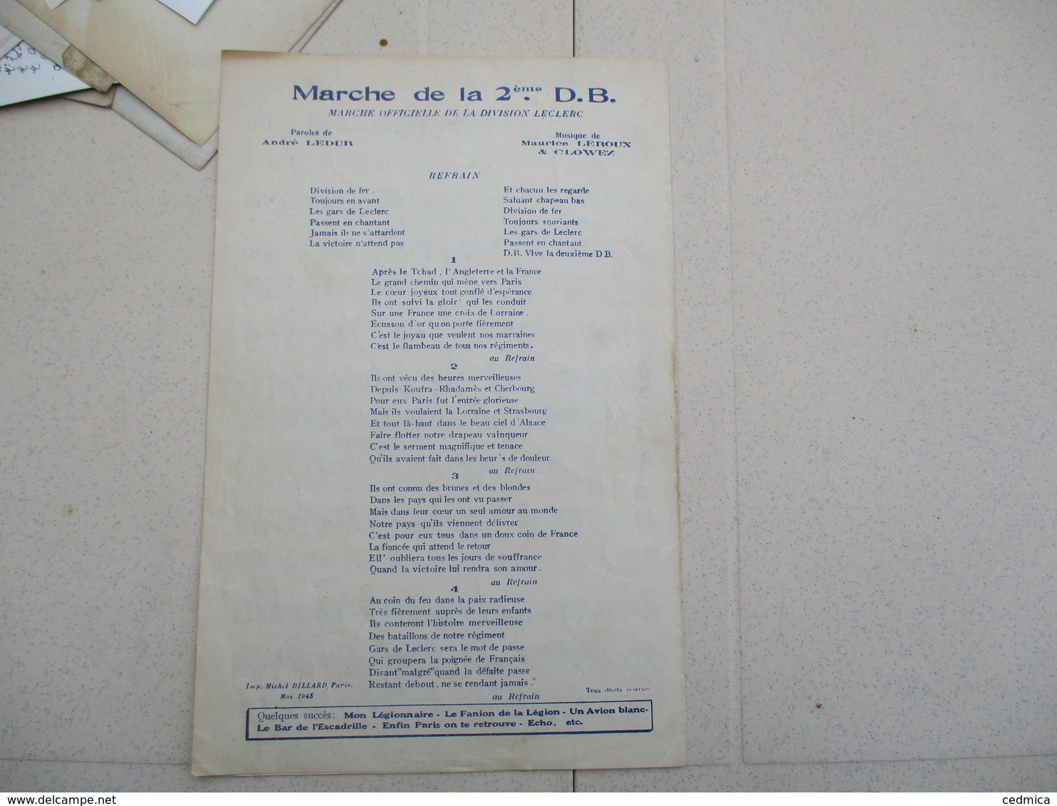 MARCHE DE LA 2e D.B. MARCHE OFFICIELLE DE LA DIVISION LECLERC ENREGISTREE PAR PIERRE NOUGARO MAI 1945 PAROLES ANDRE LEDU - Documents