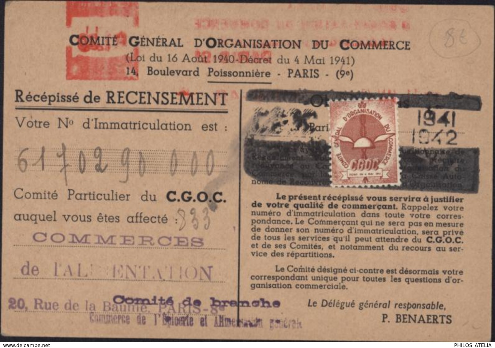 Guerre 39 Carte Comité Général D'organisation Du Commerce Vignette 1941 42 Recensement Machine à Affranchir - Guerra De 1939-45