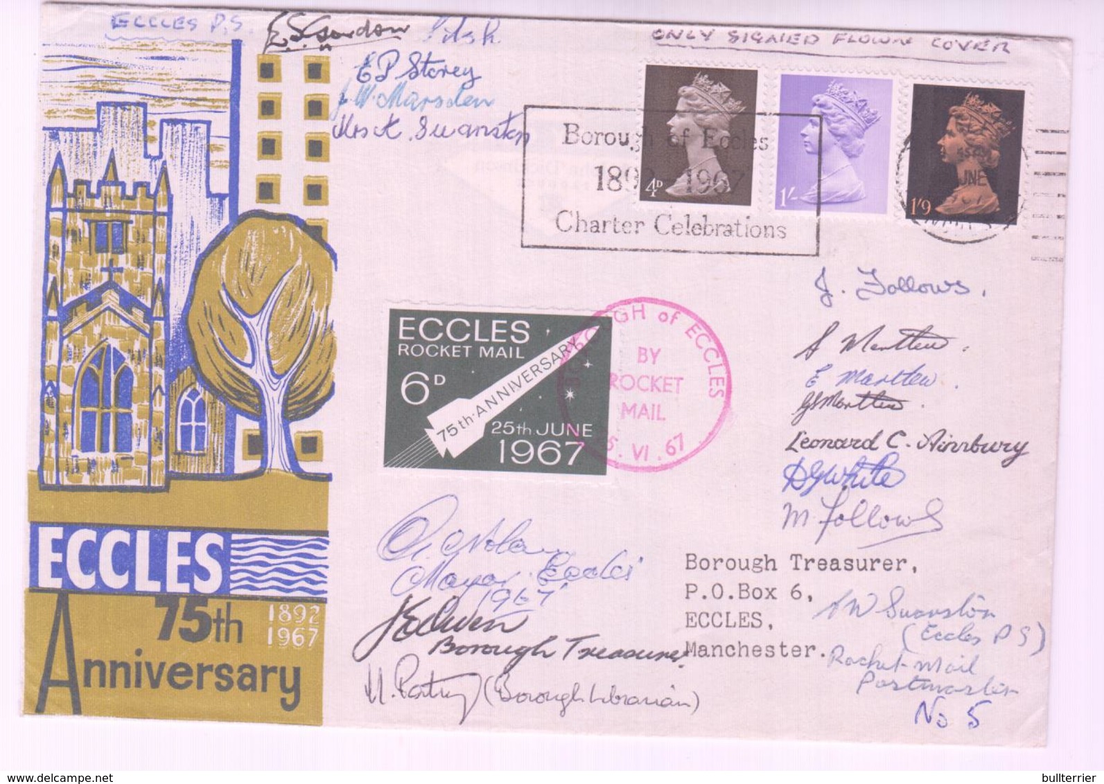 SPACE - GB / ROCKET POST - 1967 - ECCLES ROCKET POST LABEL ON ILUSTRATED COVER SIGNED BY MEMBERS + SPECIAL; P/M - USA